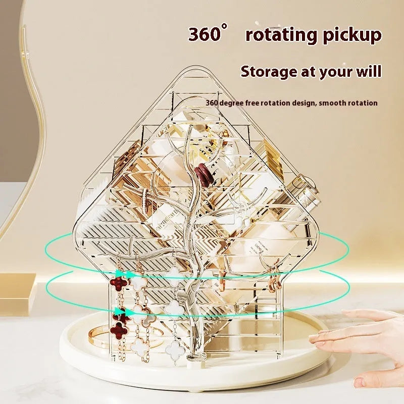 360-degree rotating cosmetics storage box in clear or amber gold plastic with light luxury style