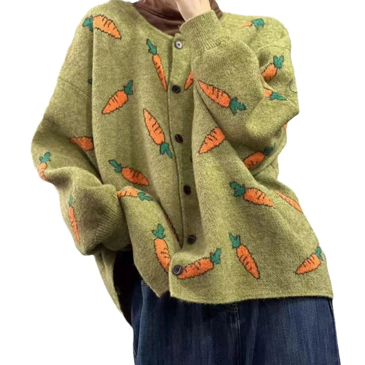 Women's loose artistic print viscose cardigan sweater with colour contrast design