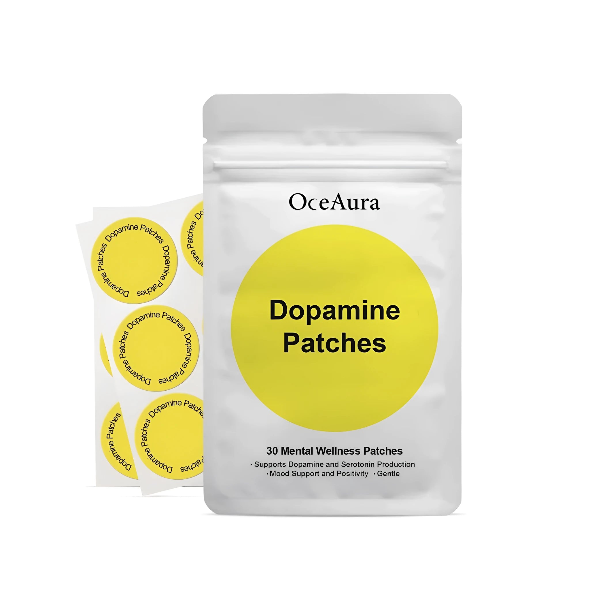 Pack of 30 white Body Care Auxiliary Patches for skincare, displayed on a blue background.