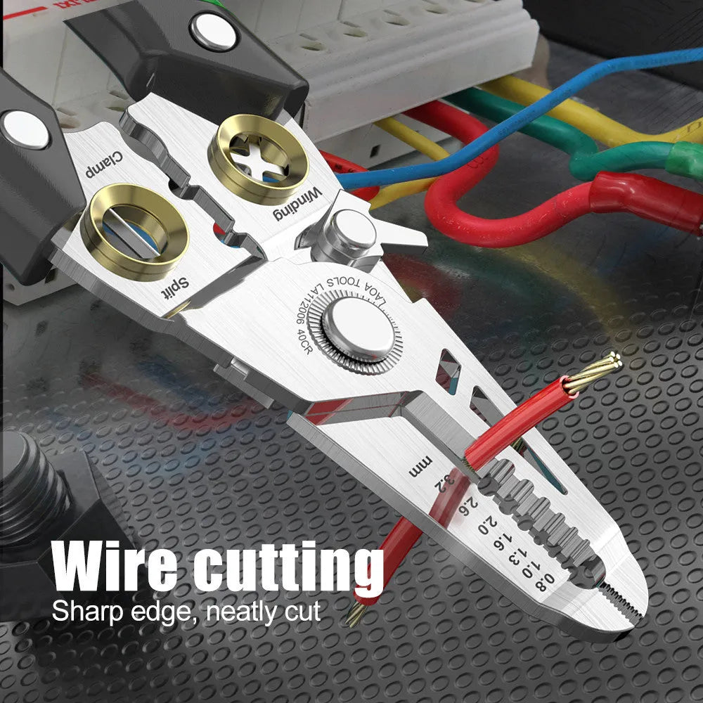 Stainless steel multifunction wire stripper with seven sized ports and two-colour handle