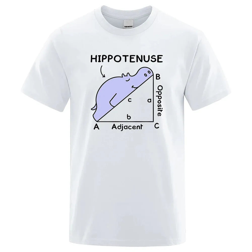 Mathematics humour printed cotton T-shirt showing Hippotenuse Opposite Adjacent design in loose fit with regular sleeves