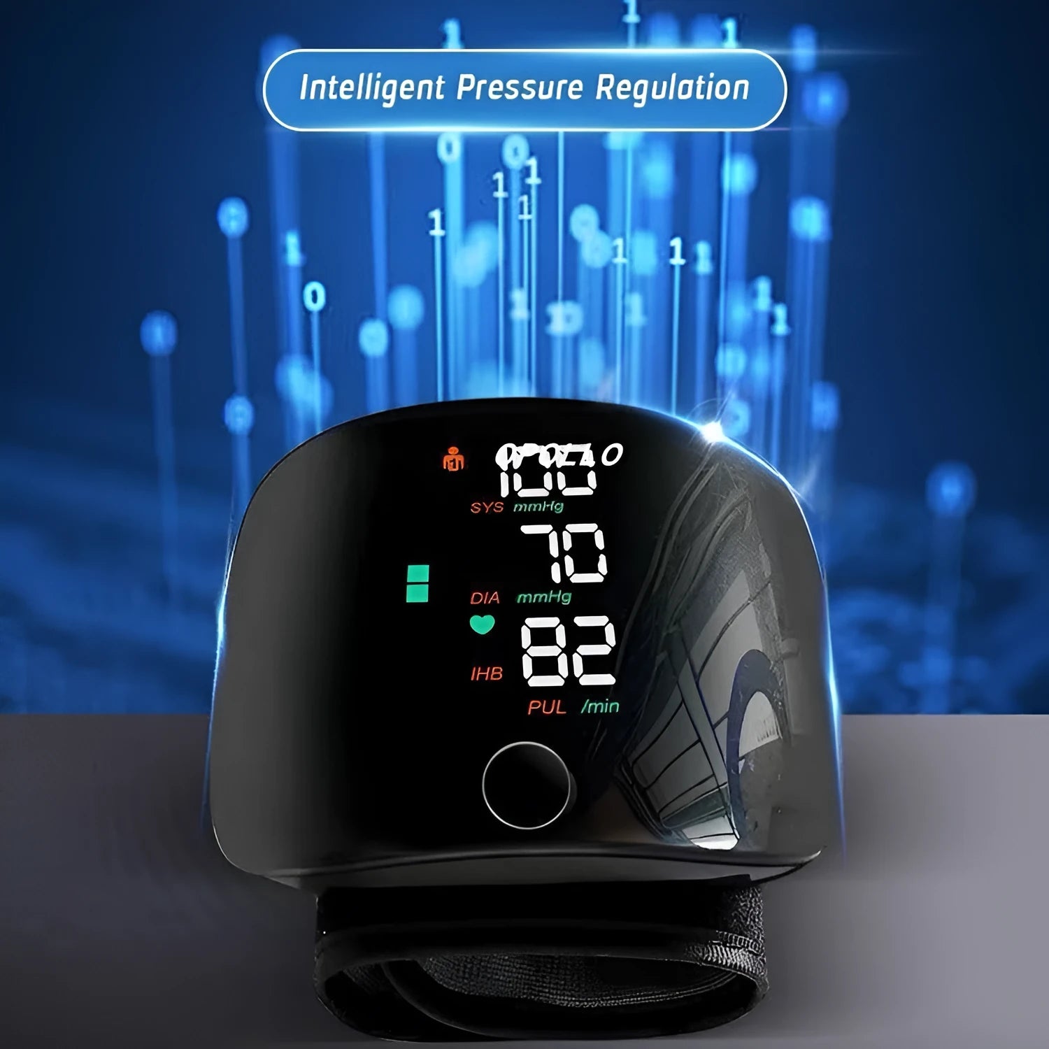 Black wrist blood pressure monitor with digital LCD screen and USB charging port