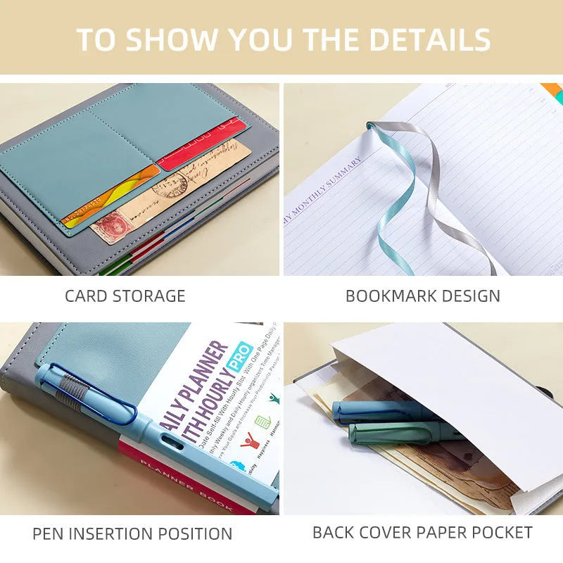 PU leather notebook with strap closure, shown open on 80g wood-free paper, available in purple, green, gray, black, pink, and orange.