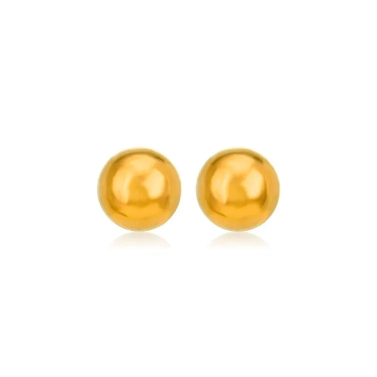 Stainless steel ball stud earrings in gold and silver finishes on a grey background.