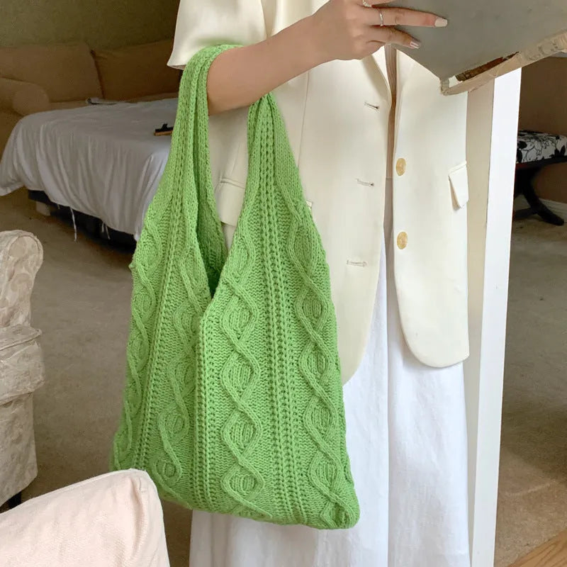 Women's retro crochet knitted polyester yarn shoulder tote bag in solid colour with double straps