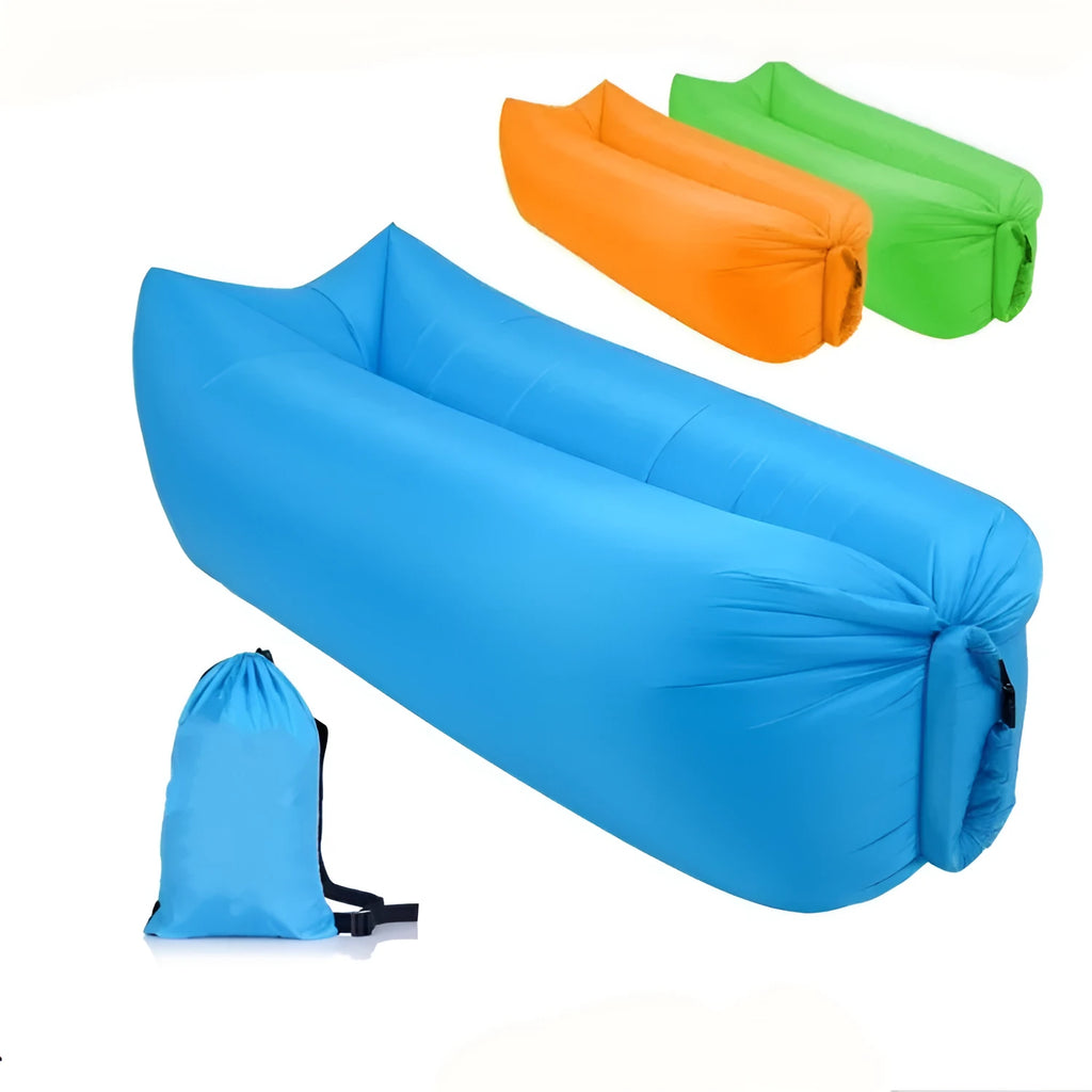 Inflatable lazy sofa in blue on a beach, 240cm polyester airbed for camping