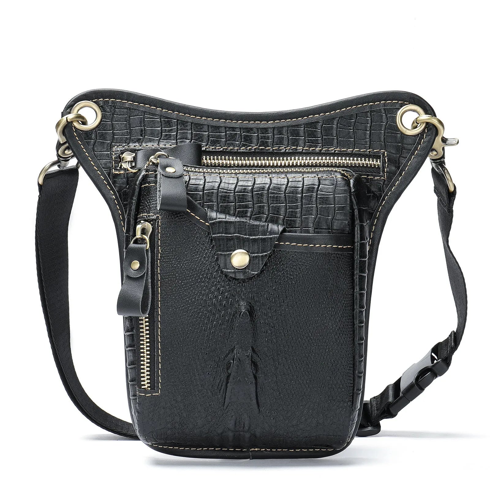 Men's brown crazy horse leather vintage satchel bag with a flap closure and adjustable shoulder strap.