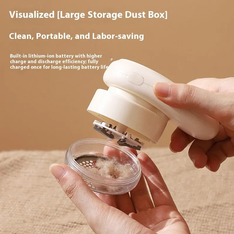 Purple and beige digital fur ball trimmer lint remover with adjustable cutter heads and a USB cable.