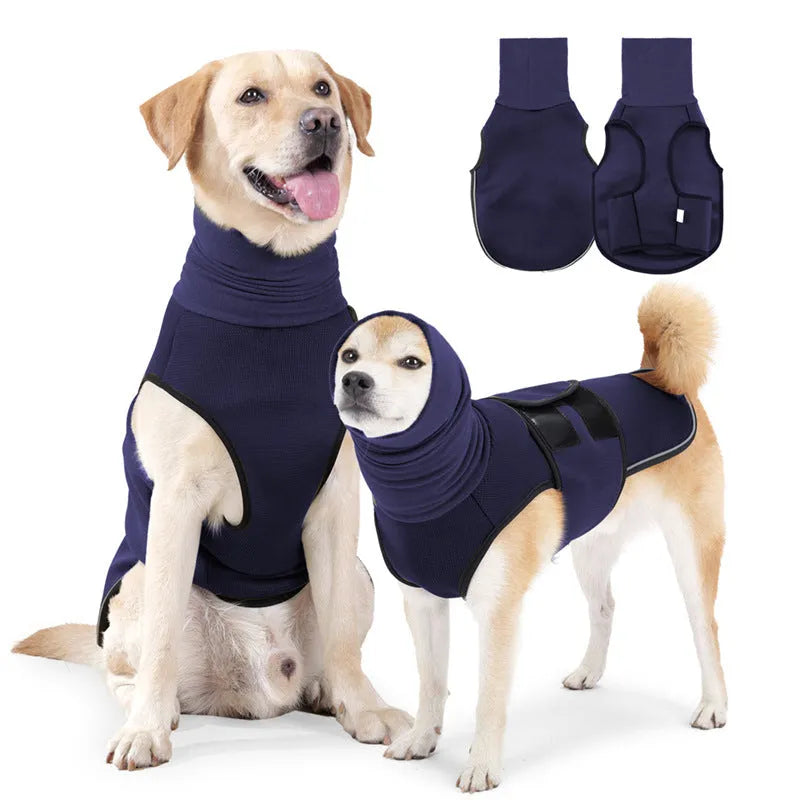 Army green dog anxiety jacket on medium-sized dog showing calming pressure design