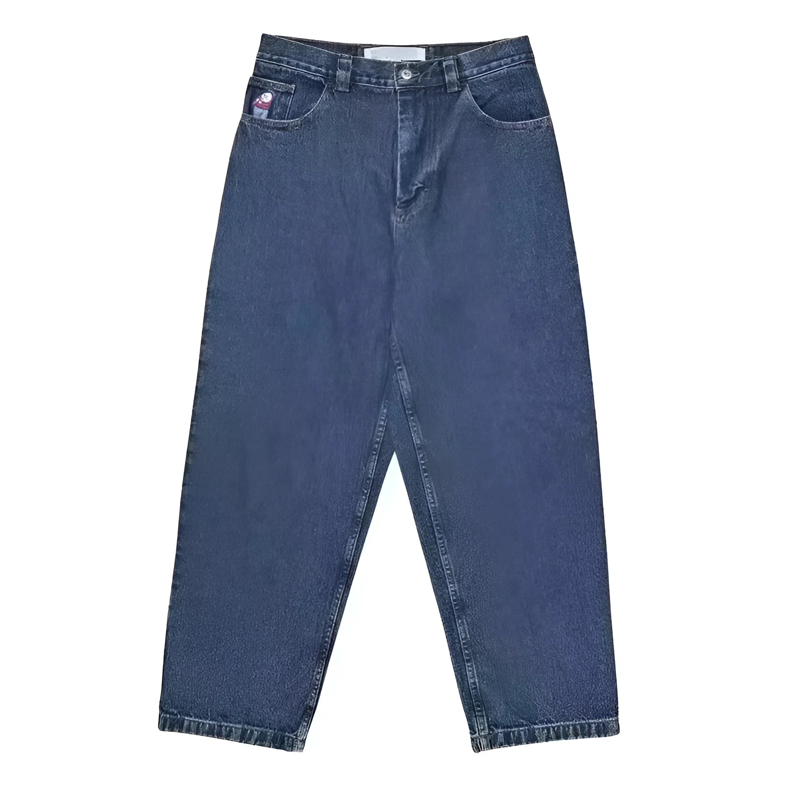 Men's straight-leg jeans with retro pattern printing in dark blue, black, or light blue polyester denim