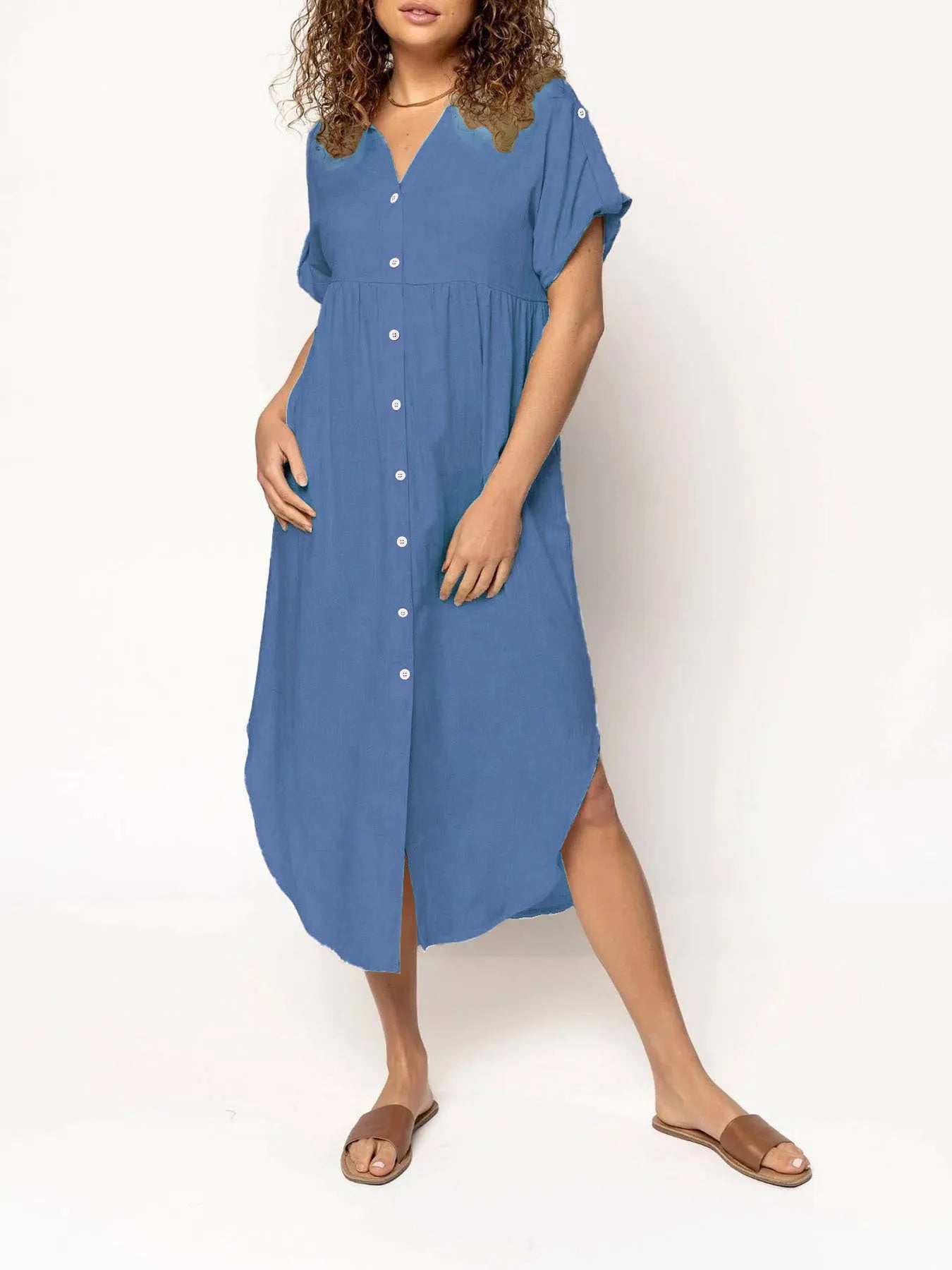 Loose casual button-front mid-length dress in solid colour