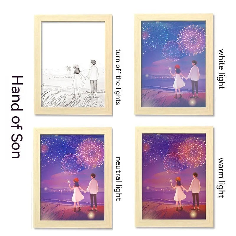 LED illuminated picture frame night lamp showing landscape design with USB cable connection