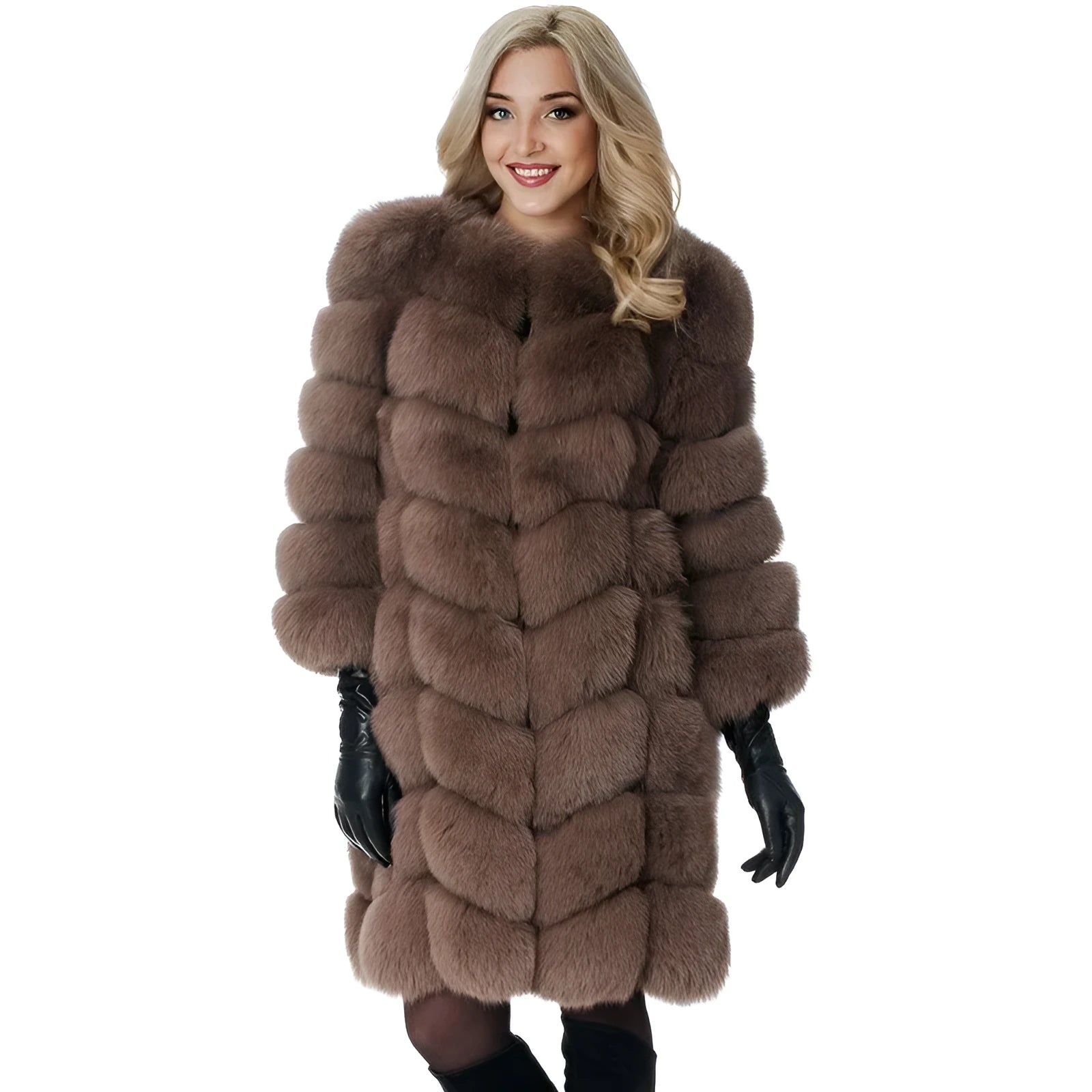 Women's thick artificial fur coat in apricot colour with regular sleeves
