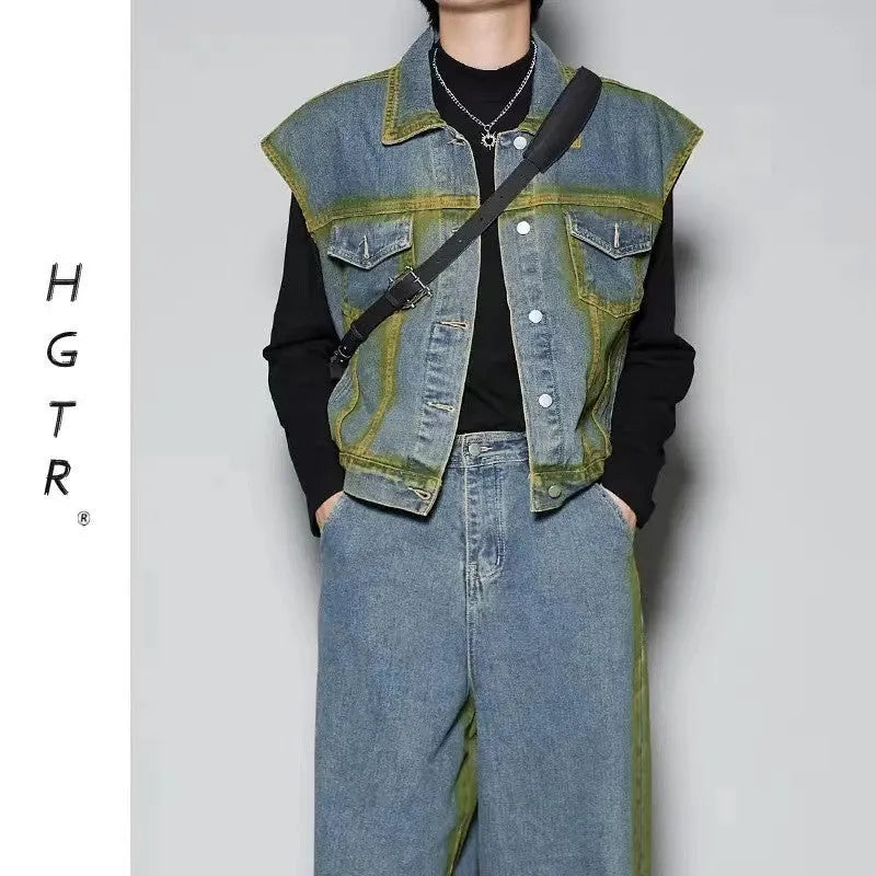 Blue distressed vest and jeans two-piece suit with spray colour gradient and fleece lining.