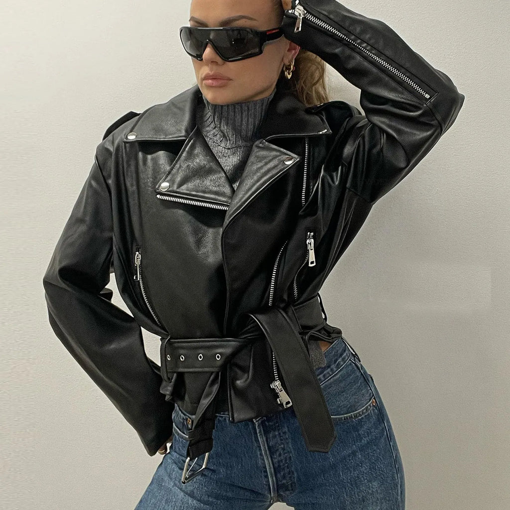 Punk locomotive style leather jacket with Peter Pan collar in black, blue, or green