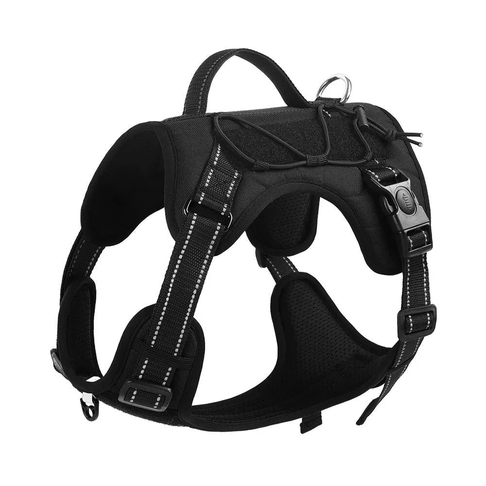 Reflective explosion-proof dog harness with attached hand-holding rope in orange colour, showing adjustable straps and safety features