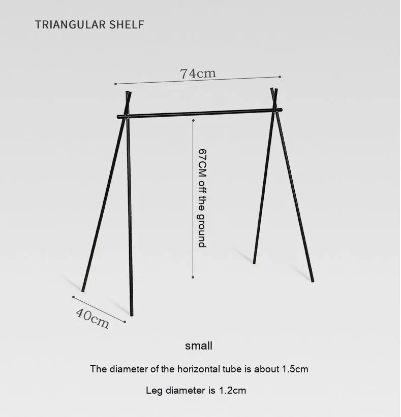 Silver aluminium foldable triangle camping clothes drying rack with side hanger and multiple hooks.