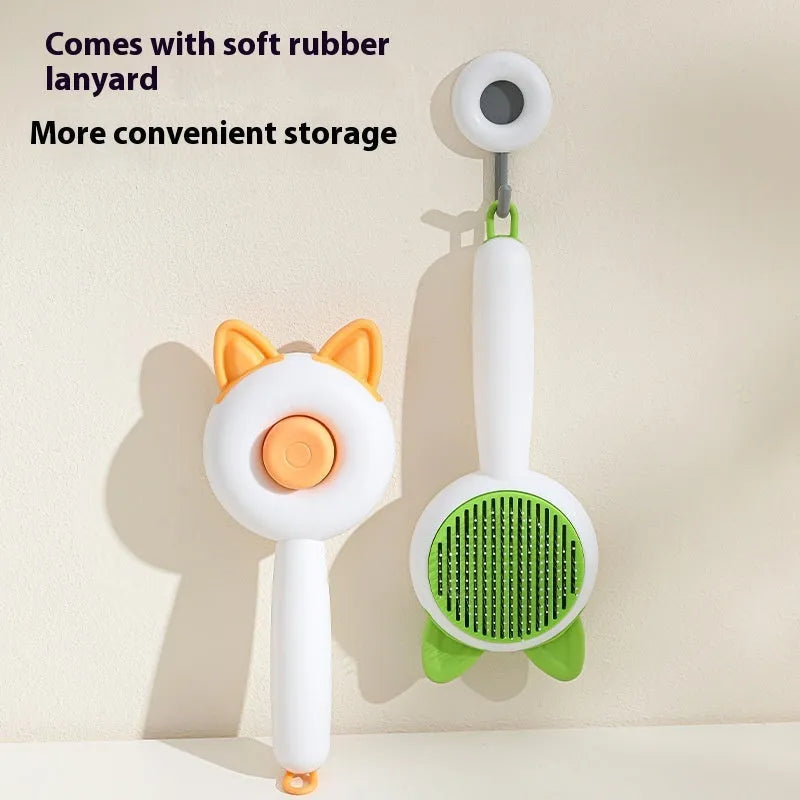 Self-cleaning pet hair remover comb for cats and dogs in greenish white and orange white