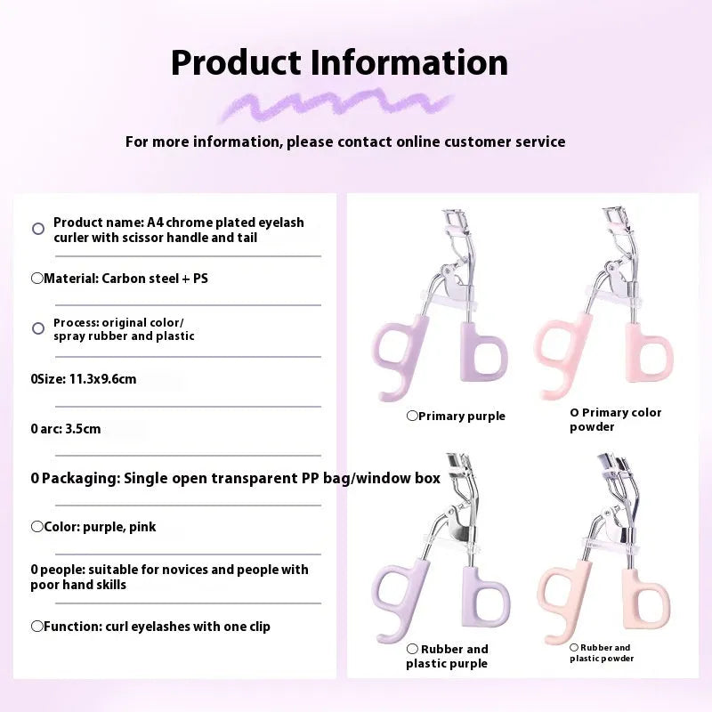A4 scissor-handle eyelash curler with tail, shown in pink and purple colour options.
