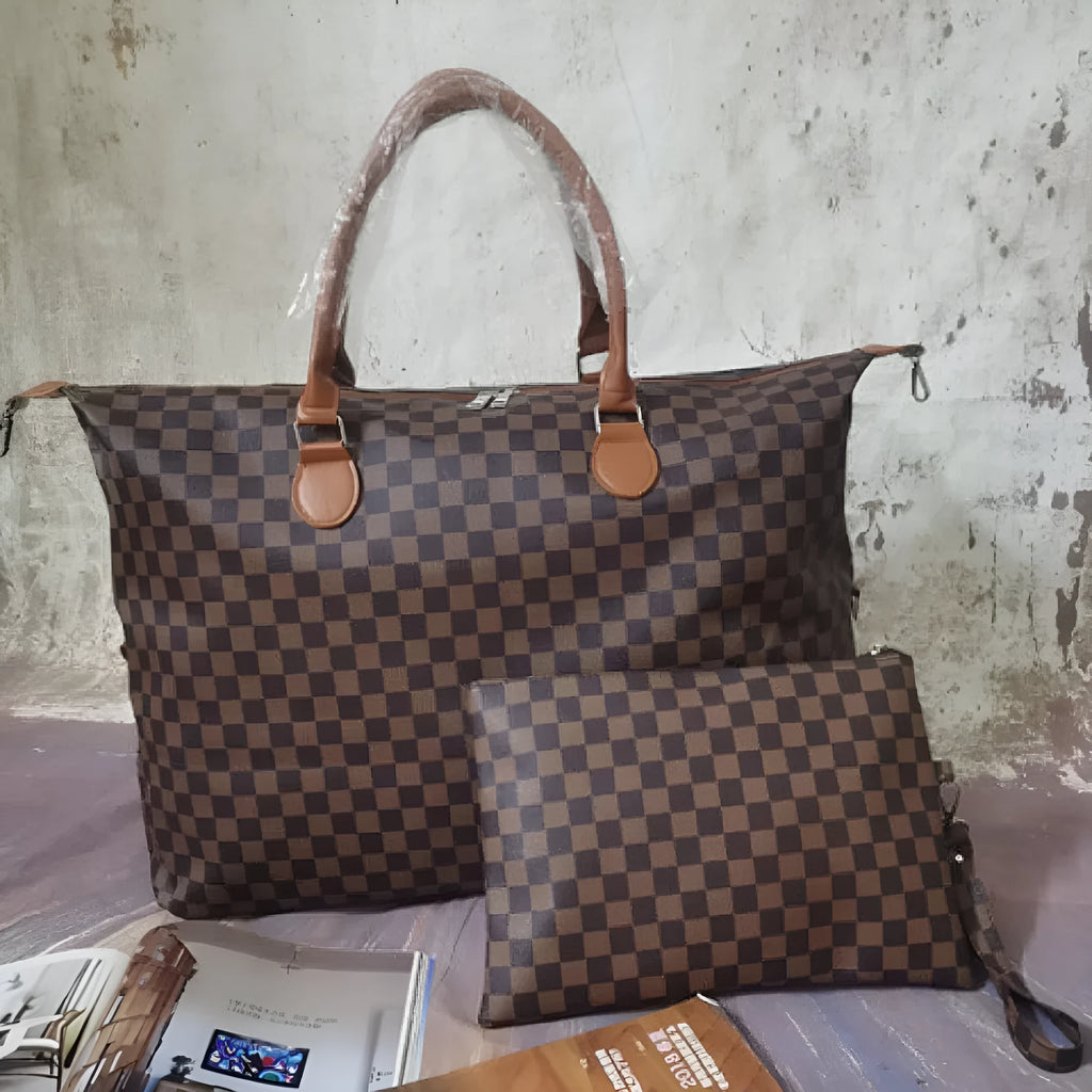 Women's fashion travel bag large capacity 22 inch PU leather plaid holdall in blue with small bag