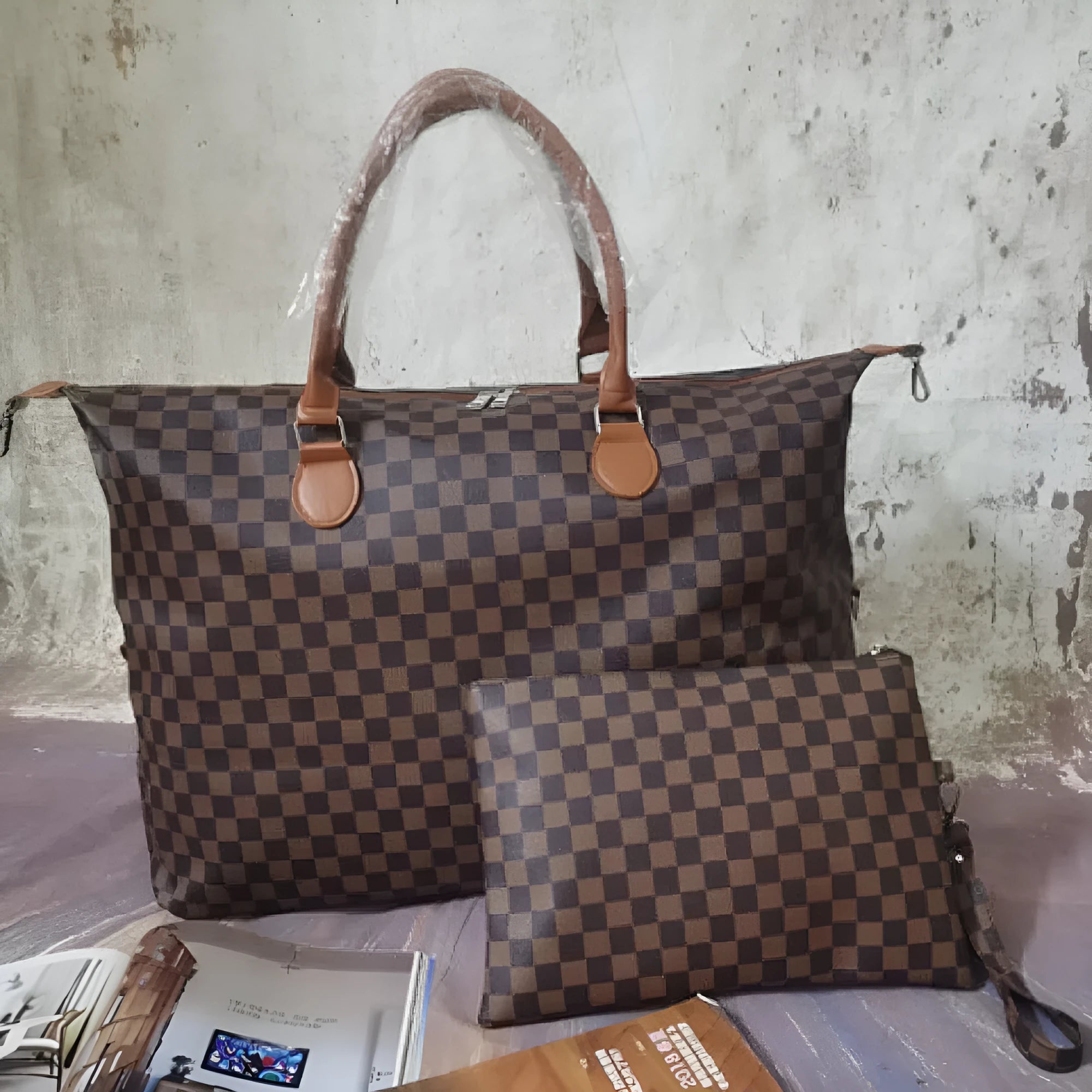 Women's fashion travel bag large capacity 22 inch PU leather plaid holdall in blue with small bag