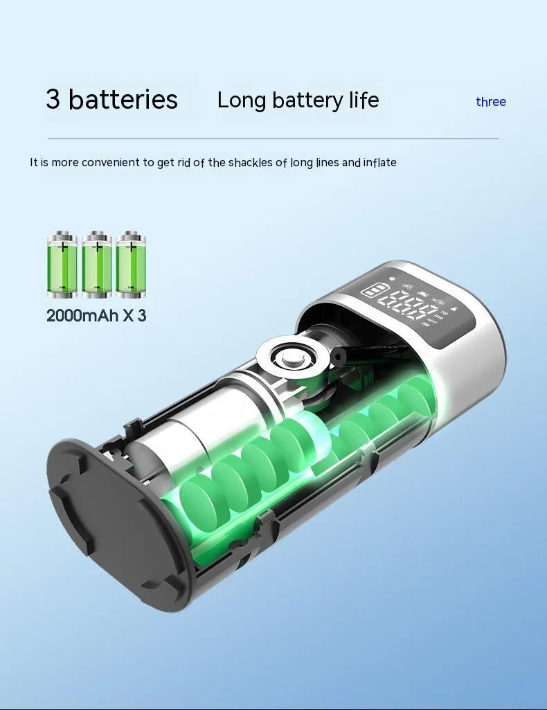 Black portable wireless smart air pump with USB Type-C charging cable, 15cm tube, and multiple inflation nozzles.