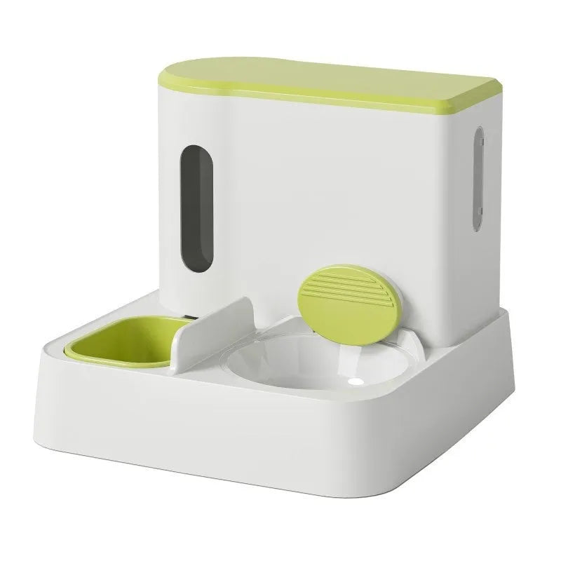 Grey automatic cat feeder and water dispenser unit with integrated double bowls