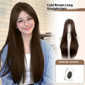 Natural black straight forehead lace wig with styling accessories displayed on bracket