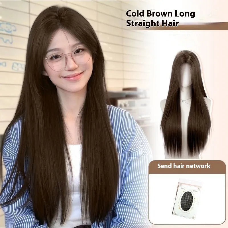 Natural black straight forehead lace wig with styling accessories displayed on bracket