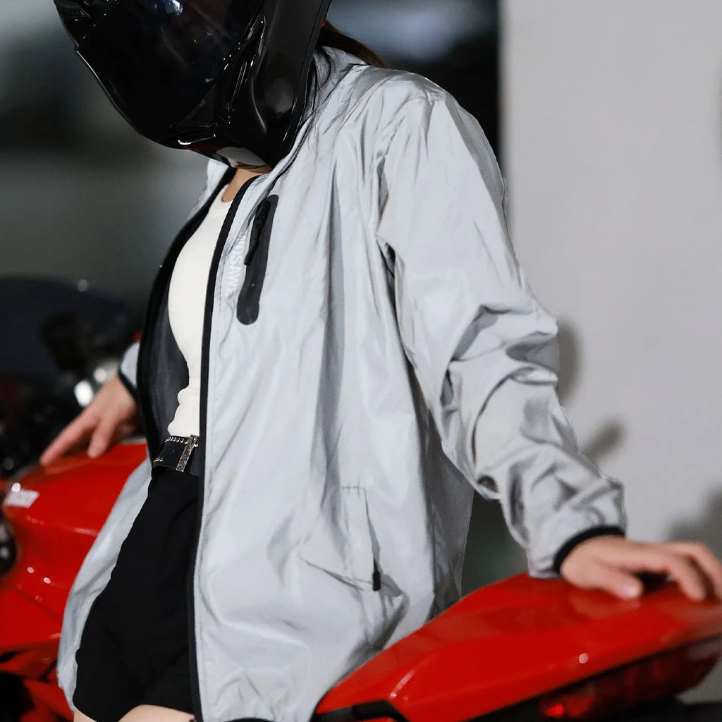 Silver waterproof windproof polyester long sleeve coat showing front view