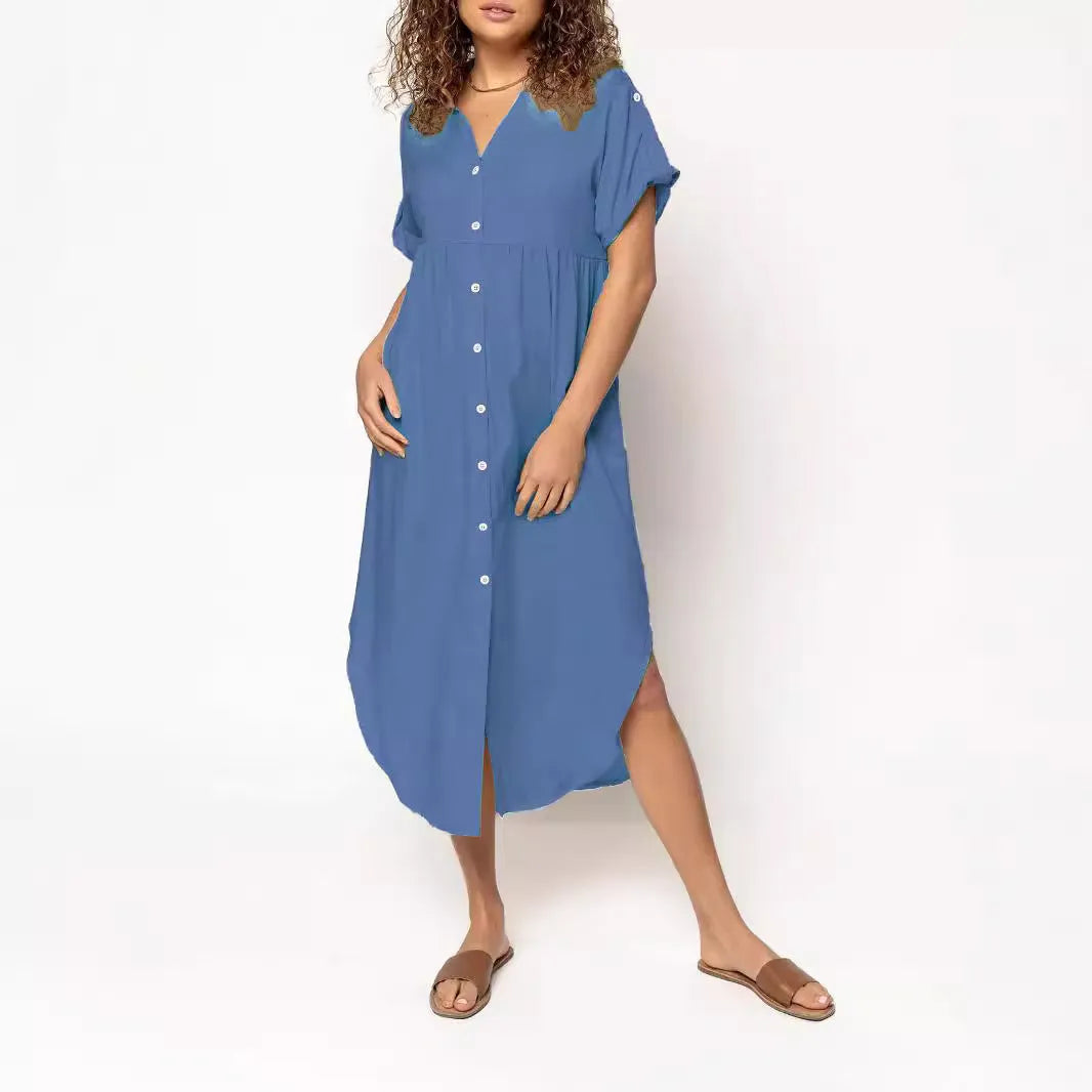 Loose casual button-front mid-length dress in solid colour