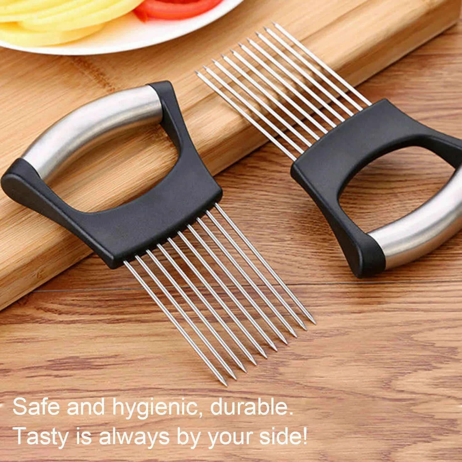 Stainless steel food slice assistant with ABS handle for stabilising onions and tomatoes during cutting