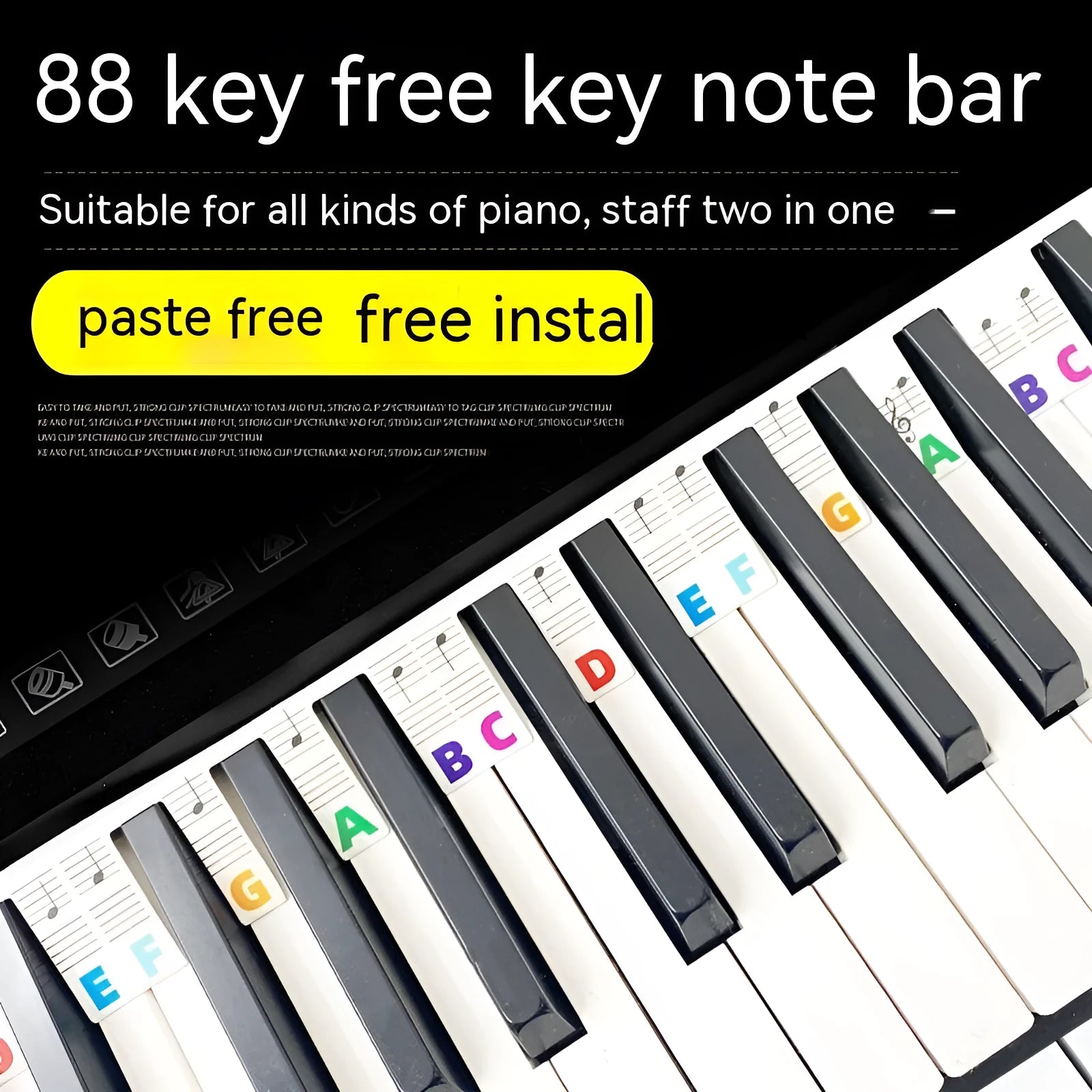 Piano keyboard stickers for 88 keys with black notes and colour note bars in OPP bags