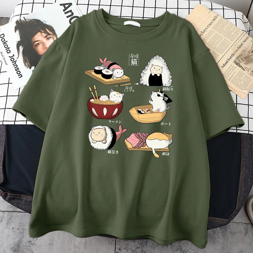 Men's loose fit cotton T-shirt with cat sushi cartoon print in multiple colour options