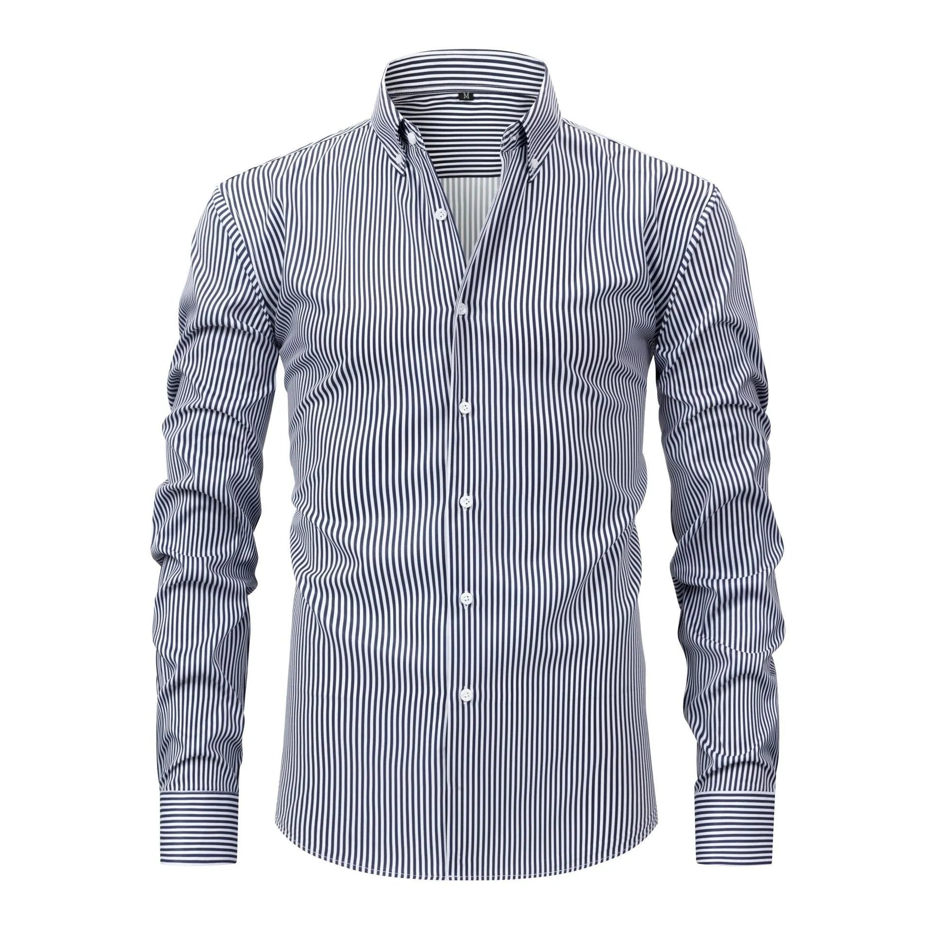 A man wearing a long-sleeved striped business shirt with a lapel collar, showcasing its non-ironing fabric.