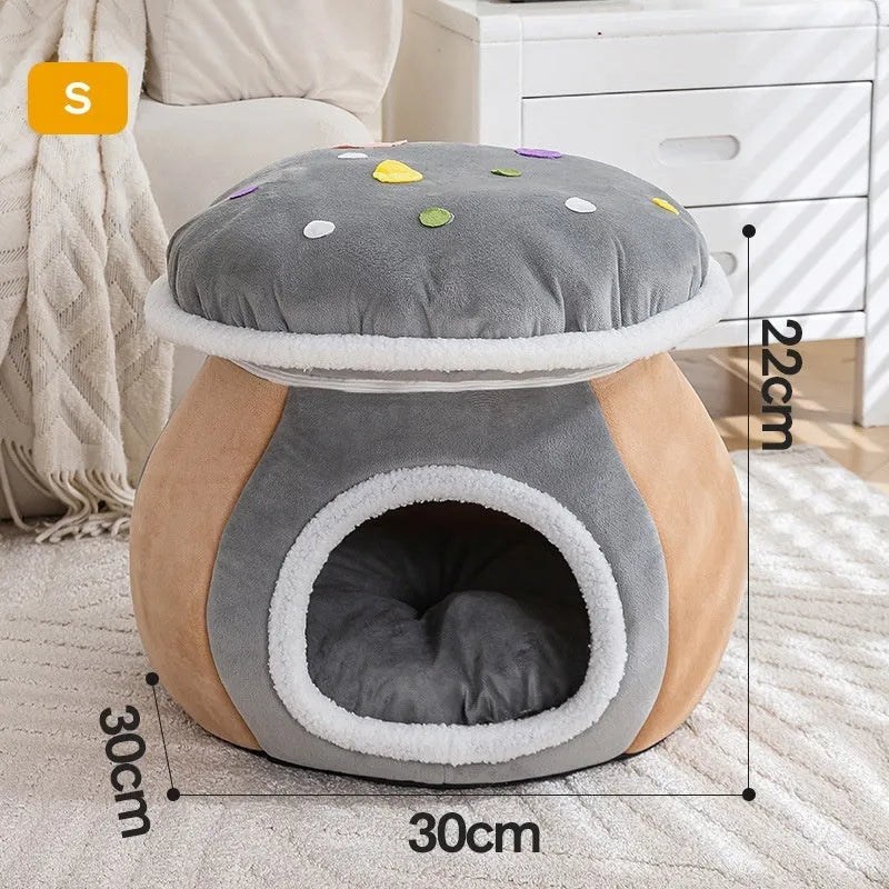Grey mushroom-shaped plush cat bed with a detachable rabbit blanket for winter warmth.