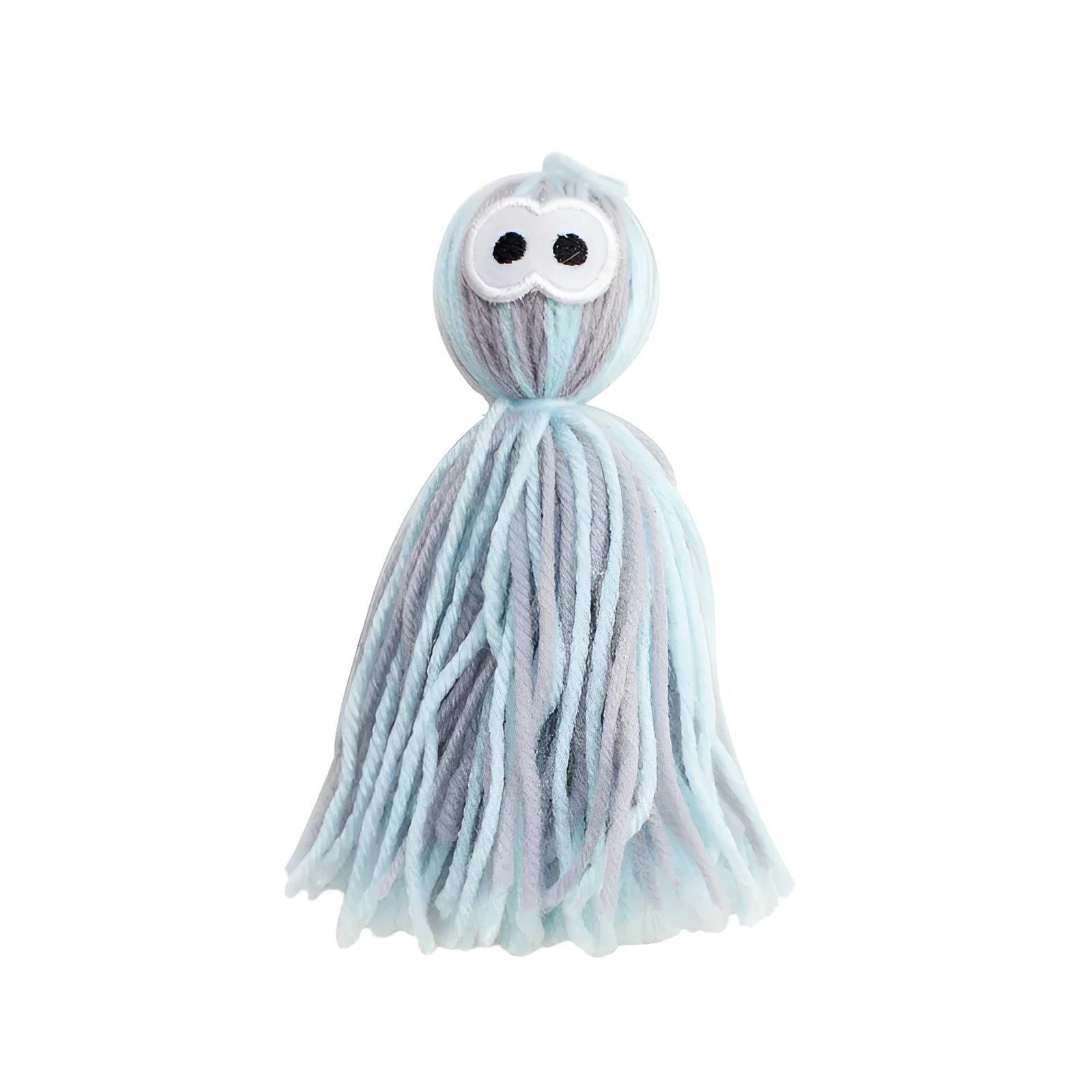 Wool cat toy ball with hanging loop in blue grey colour, dimensions 10x13x4cm