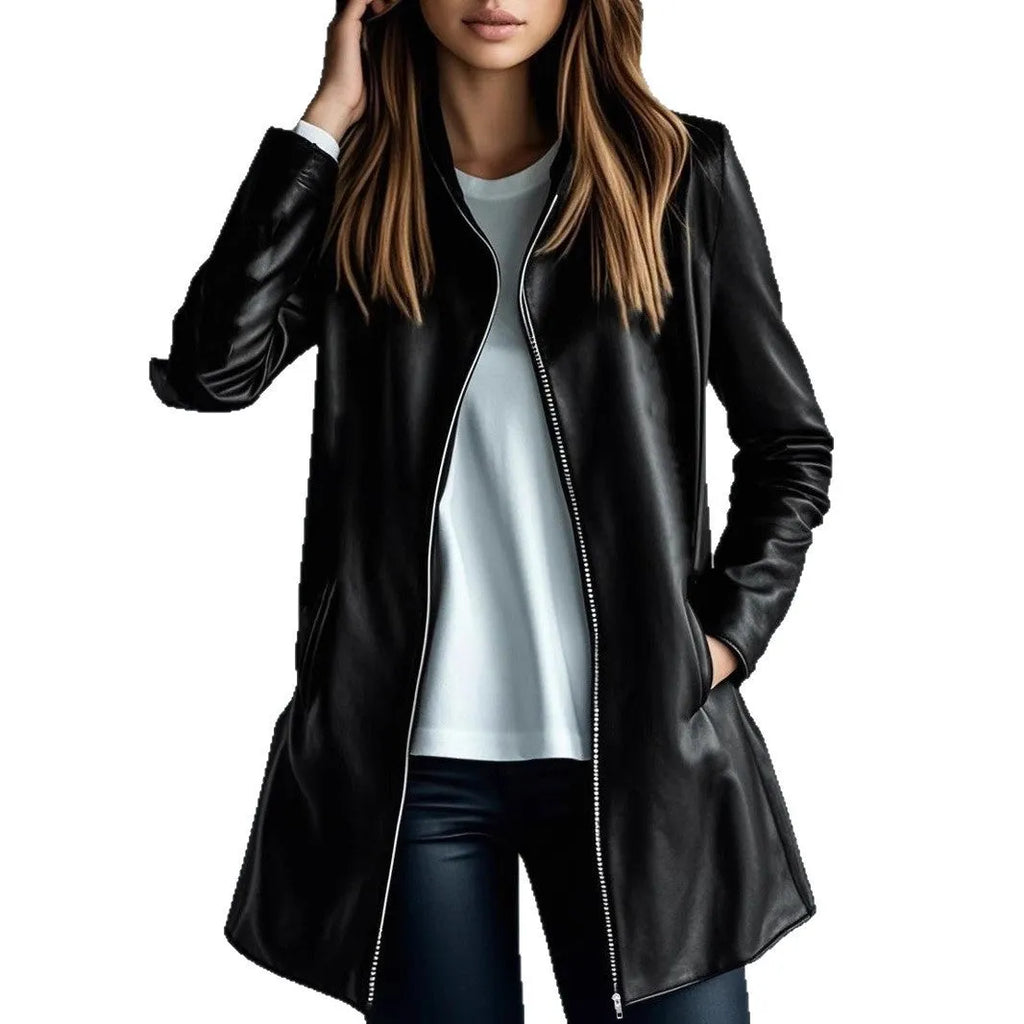 Black polyester leather jacket for women, medium length 65cm with long sleeves.