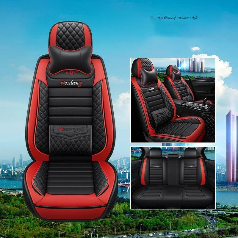 Leather car seat cushion with high elastic sponge filling in red, green, or brown colours.