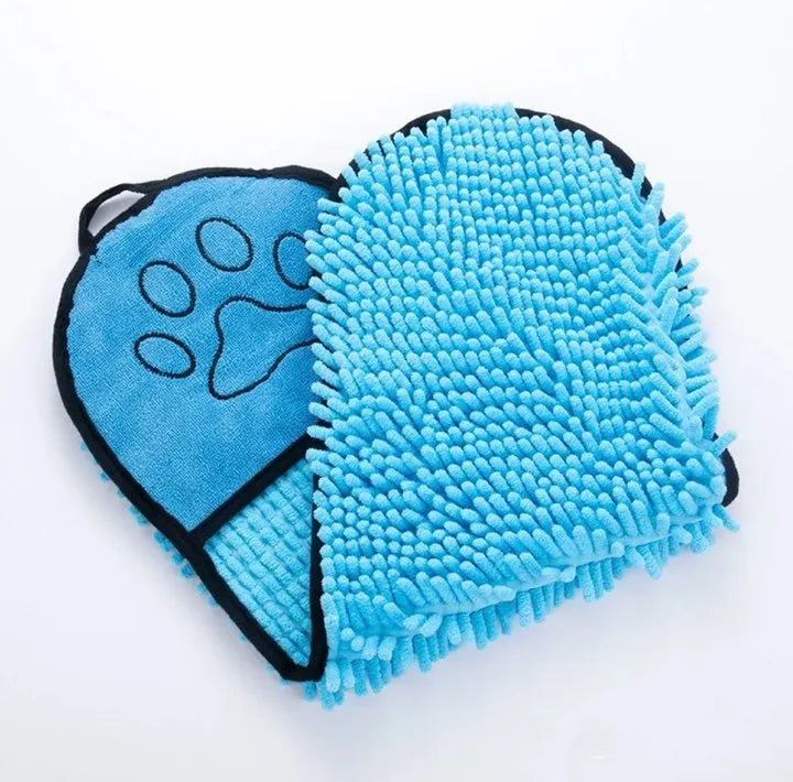 Blue pet bath robe towel wrapped around a dog, showing quick-dry fabric and bathrobe style design.
