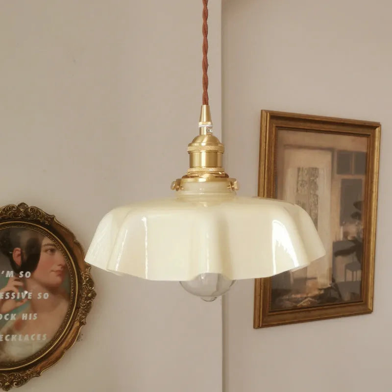 Brass medieval chandelier with glass flower buds, adjustable height, five light colour options