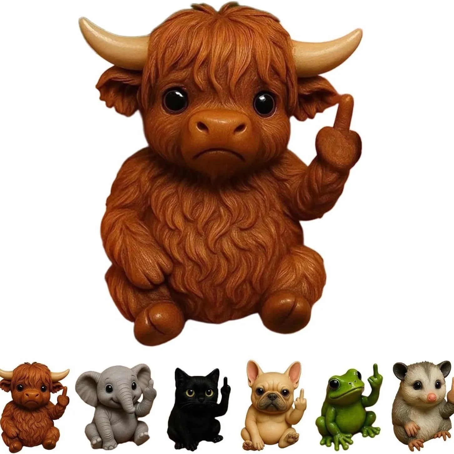Resin animal vertical middle finger doll ornament in cat, dog, elephant, frog, Highland cattle, mouse, and turtle styles.