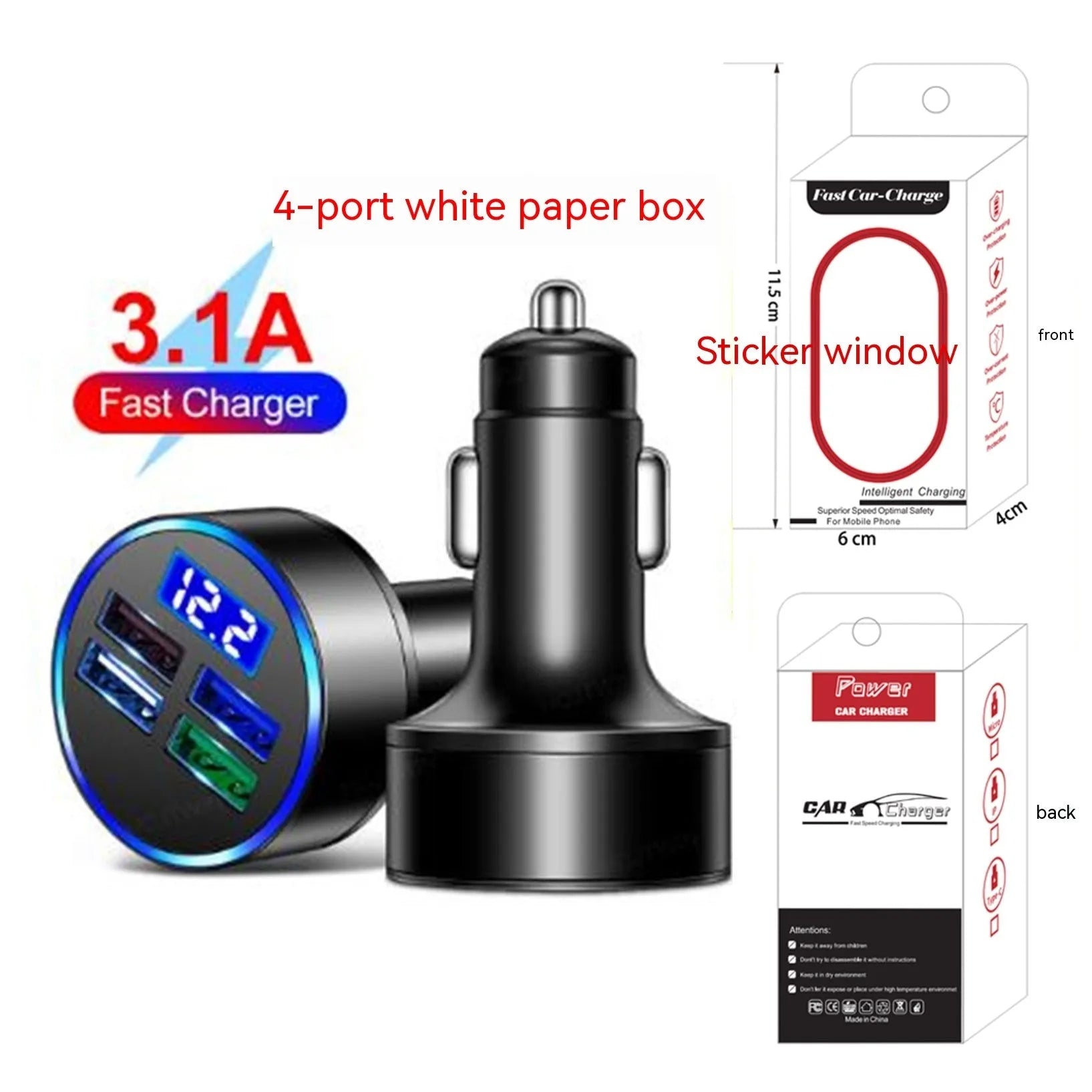 Black multi-port car USB charger with four ports and cigarette lighter plug for vehicle power outlet