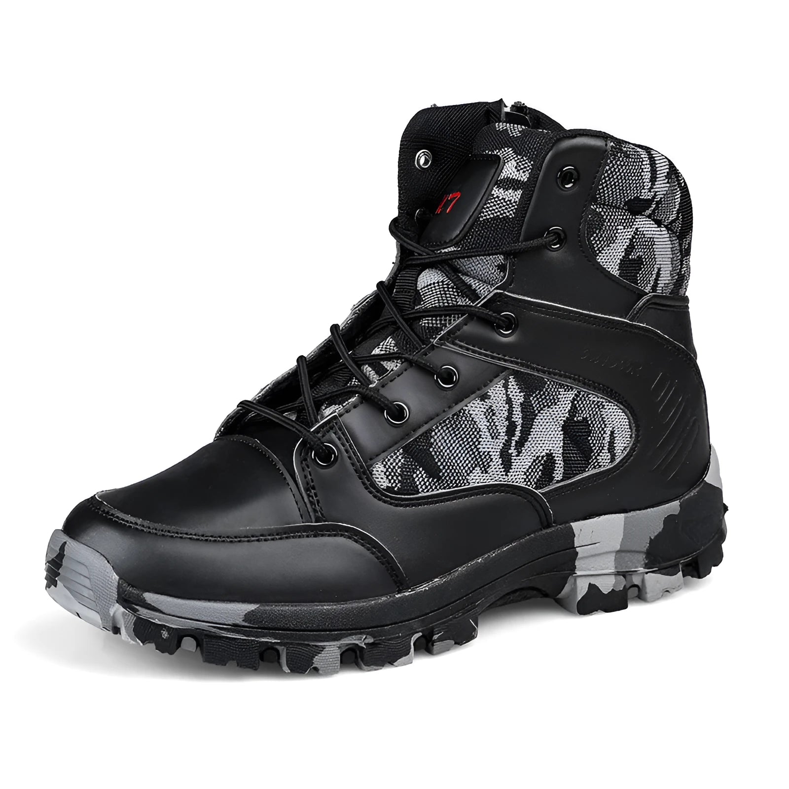 Men's black high-top hiking boots with metal eyelets and a PU leather upper.