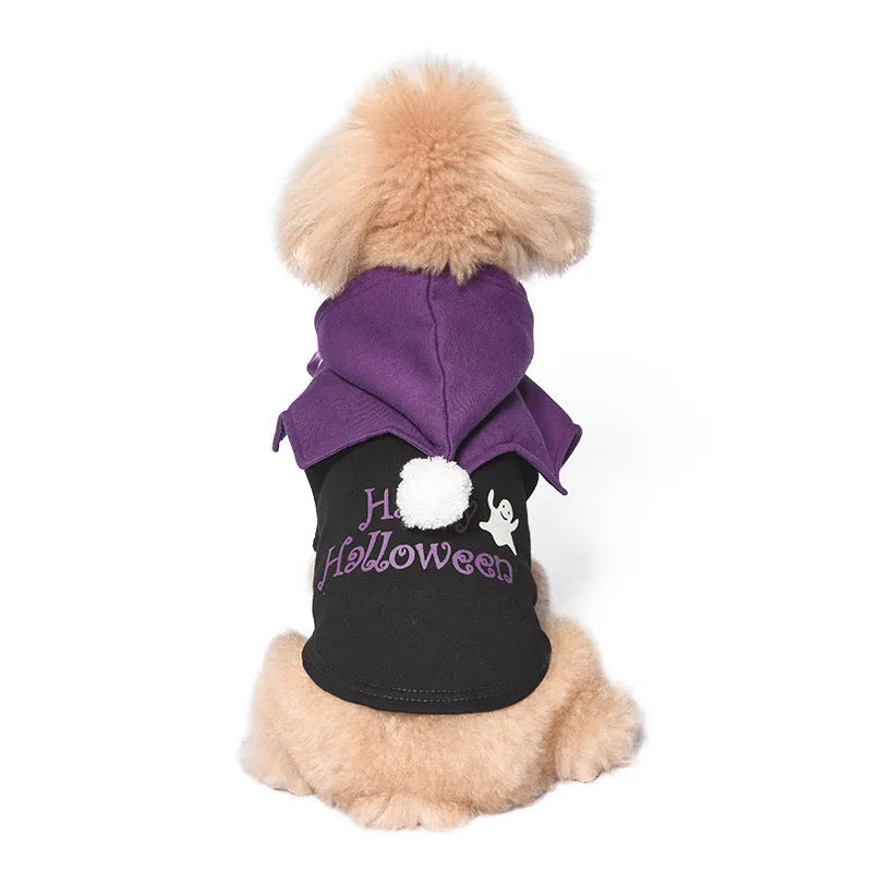 Black and orange Halloween pumpkin themed two-piece dog sweater and shawl set.
