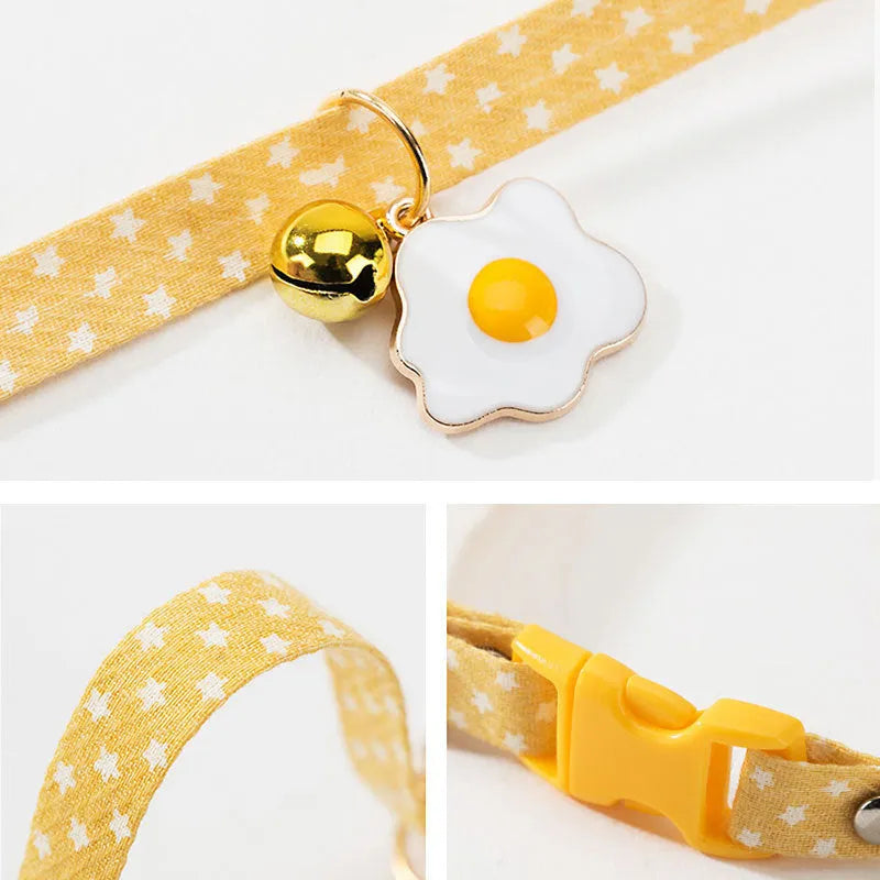 Adjustable cat collar with bell pendant and decorative bow tie in green, pink or yellow colours
