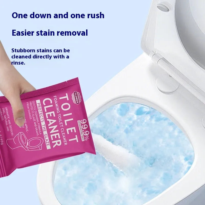 Toilet bubble powder in pink floral and blue ocean fragrance, showing 240g bag and box of five 40g sachets.