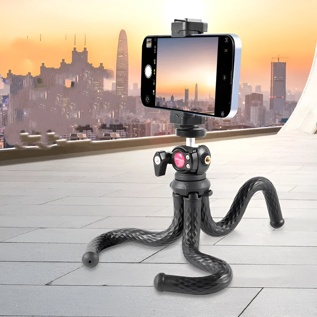 Black octopus-style mobile phone tripod with telescopic extension and attached phone clip