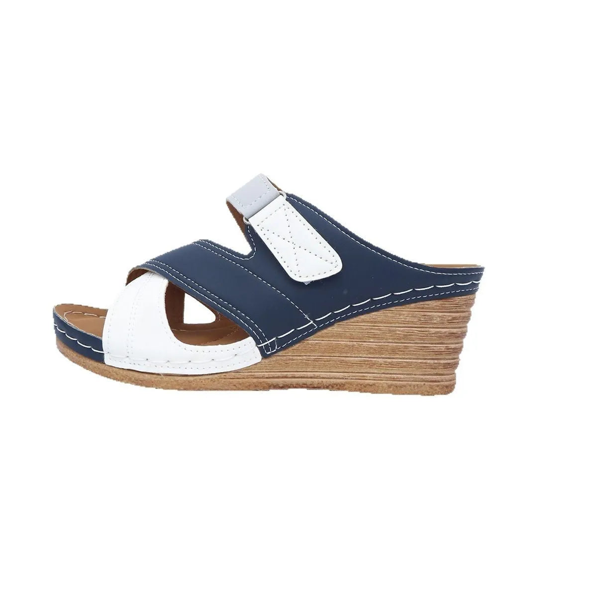 Women's wedge slippers with Velcro closure in fish mouth design, showing colour options including black and red combination