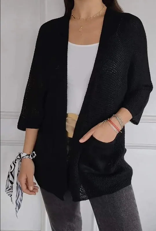 Women's thin waffle weave cardigan coat in army green with nine-quarter sleeves and pockets.